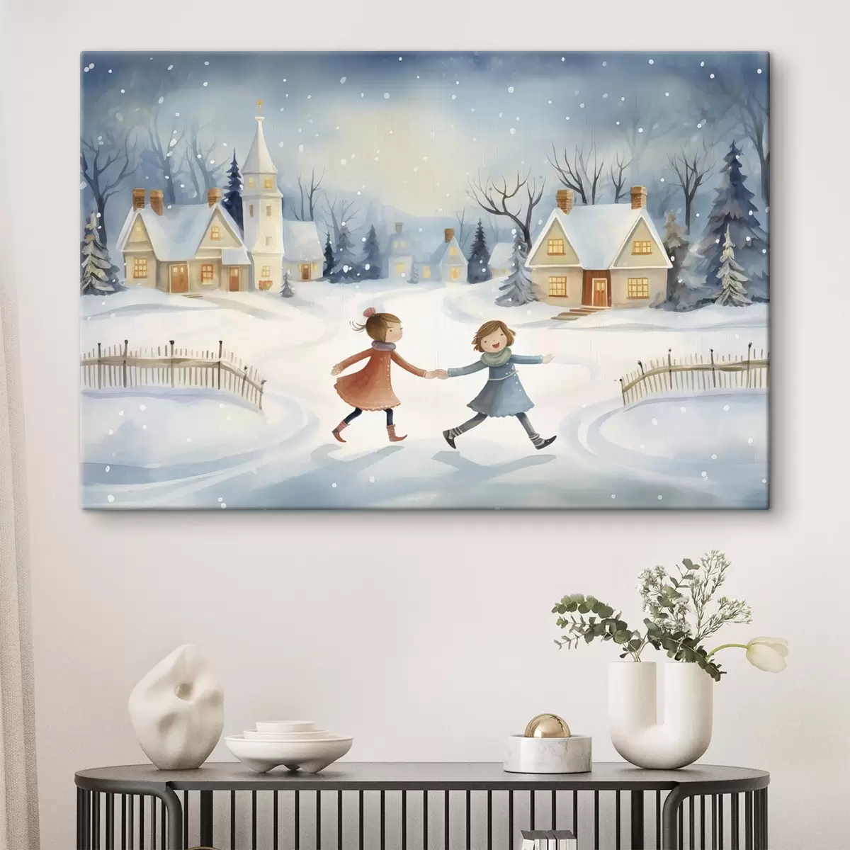 Pilt Tüdrukud talvekülas, lumehelbed, akvarell, majad, metsa s41385