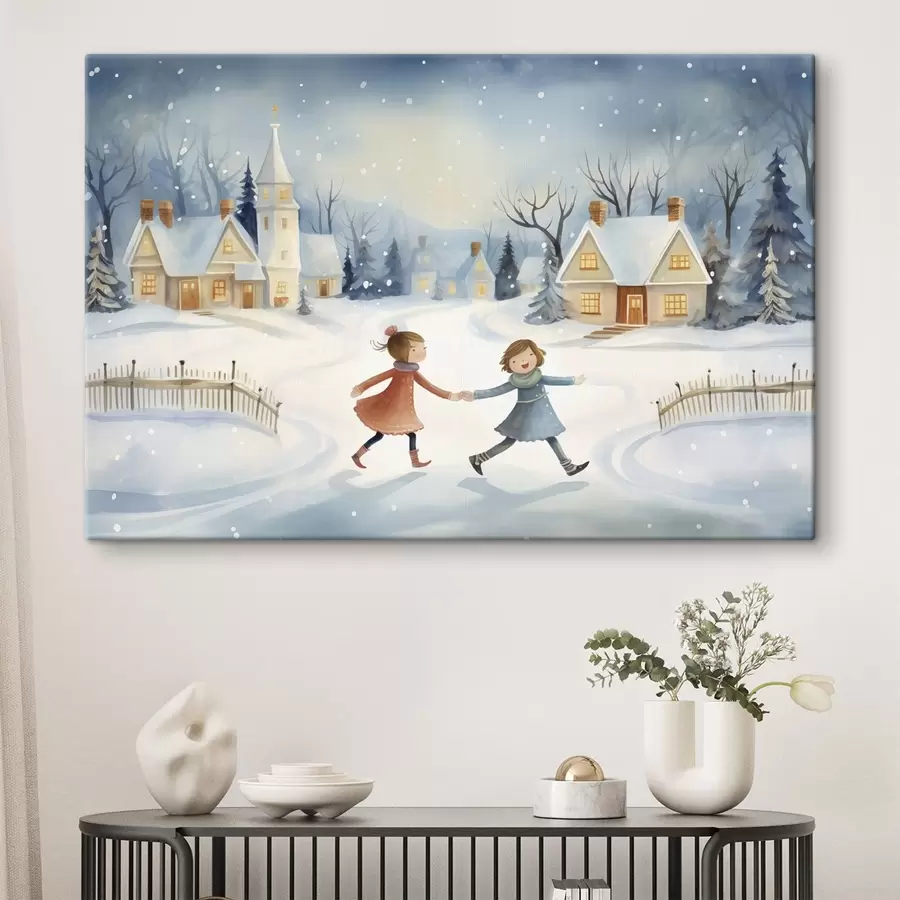 Pilt Tüdrukud talvekülas, lumehelbed, akvarell, majad, metsa s41385