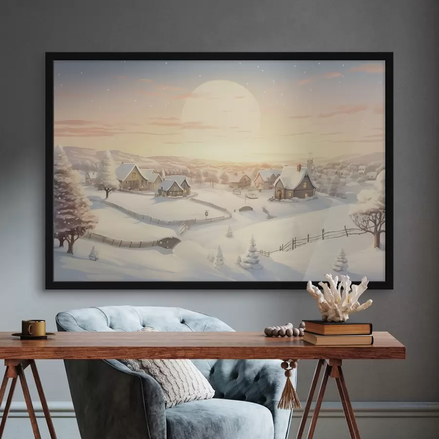 Fototapeedid Talvine küla päikeseloojangul, lumega kaetud majad, männid f41380