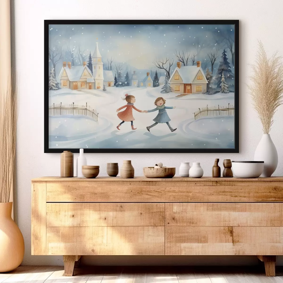 Plakat Tüdrukud talvekülas, lumehelbed, akvarell, majad, metsa f41385