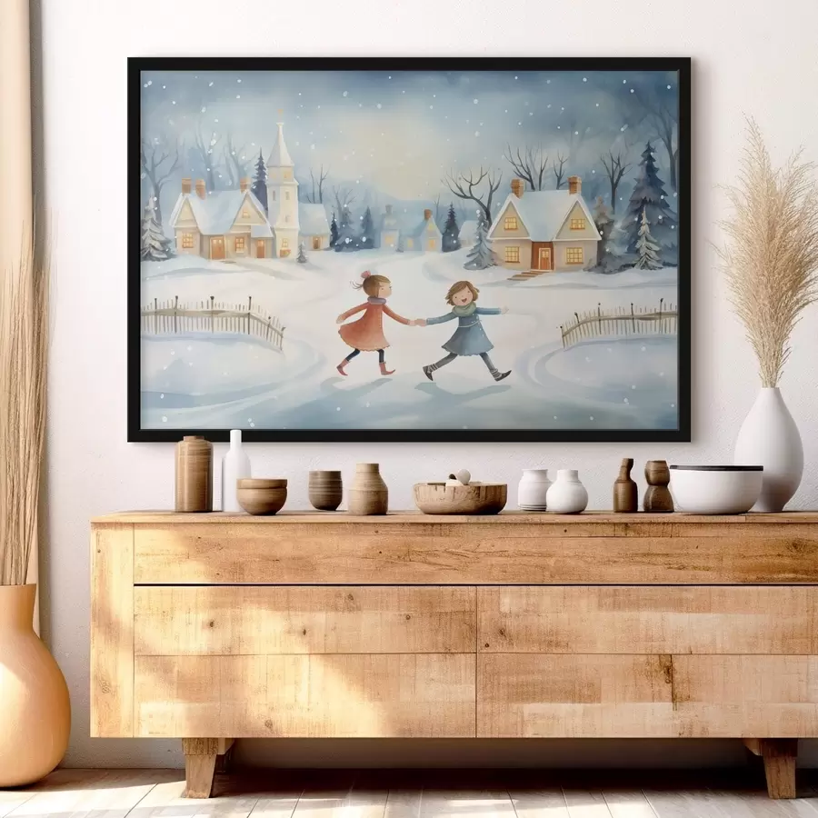 Fototapeedid Tüdrukud talvekülas, lumehelbed, akvarell, majad, metsa f41385