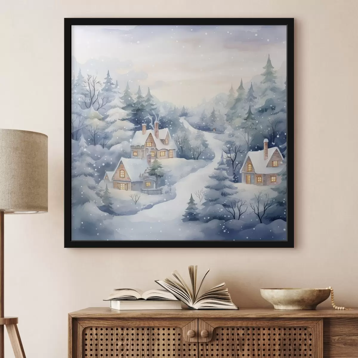 Plakat Akvarell talvemaastik, männimets, majad f41387