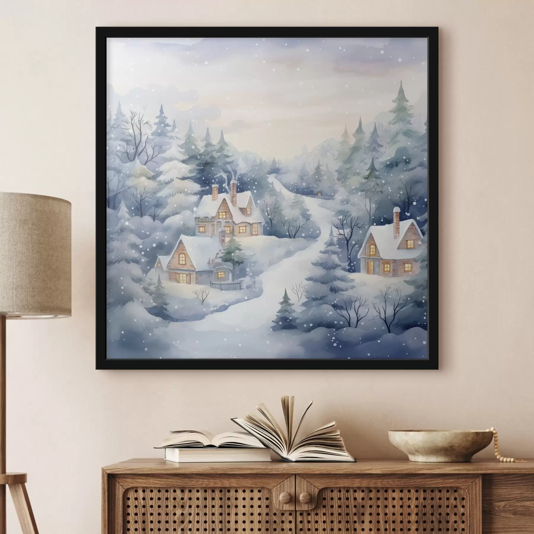 Fototapeedid Akvarell talvemaastik, männimets, majad f41387