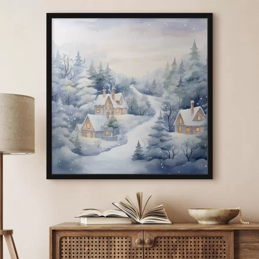 Fototapeedid Akvarell talvemaastik, männimets, majad f41387