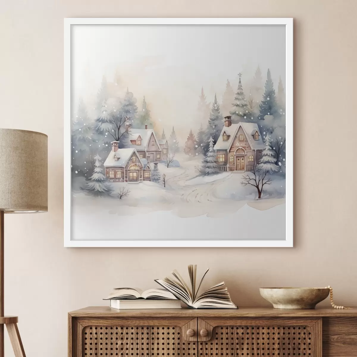 Plakat Talvine maastik, männimets, ilusad majad, akvarell, susnet f41390