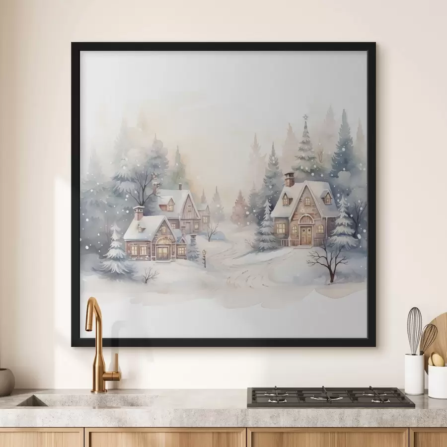 Fototapeedid Talvine maastik, männimets, ilusad majad, akvarell, susnet f41390