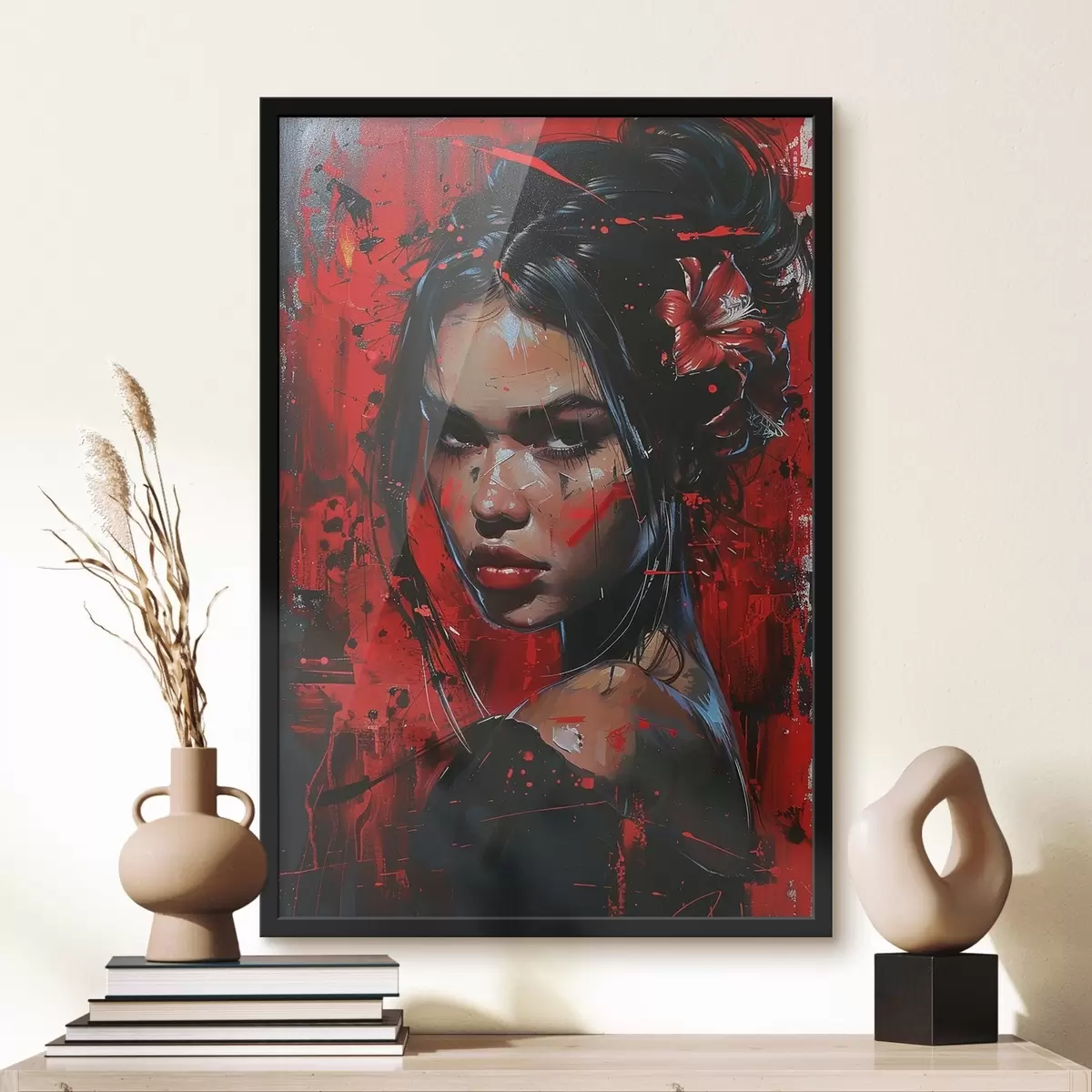 Plakat Tüdruk värvidega punasel taustal f41413