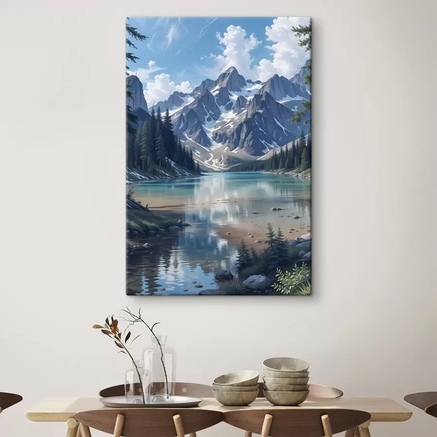 Pilt Rahulik alpi järv, mida ümbritsevad majesteetlikud lumekattega mäed, tiheda metsa ja pilvise taevaga  s41264