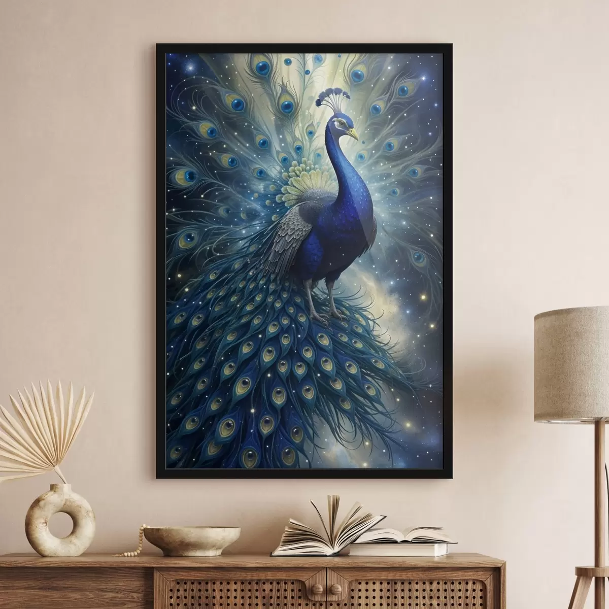 Plakat Elav ja majesteetlik paabulind öise tähistaeva taustal, mis loob maagilise ja eeterliku atmosfääri f41256