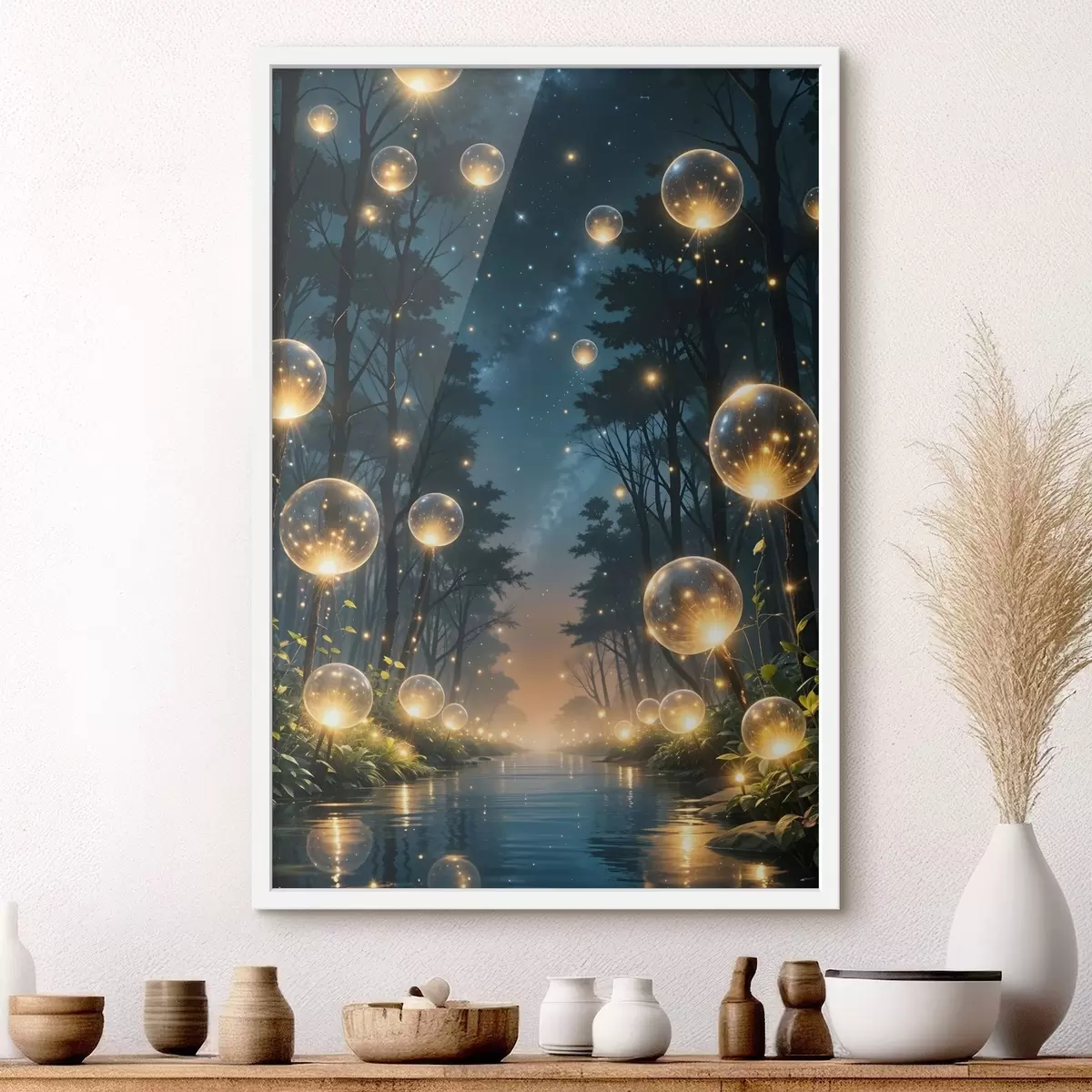 Plakat Maagiline mets öösel, kus kollased kuulid ja tulikesed hõljuvad puude vahel, luues lummava atmosfääri f41259