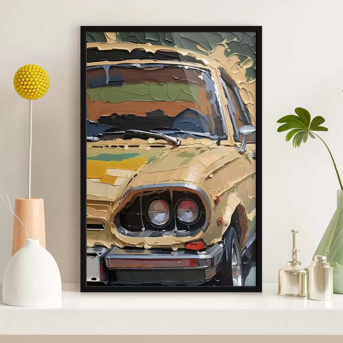 Plakat Imitatsioon impasto õlimaal kollane auto värviline, abstraktne taustal f41261