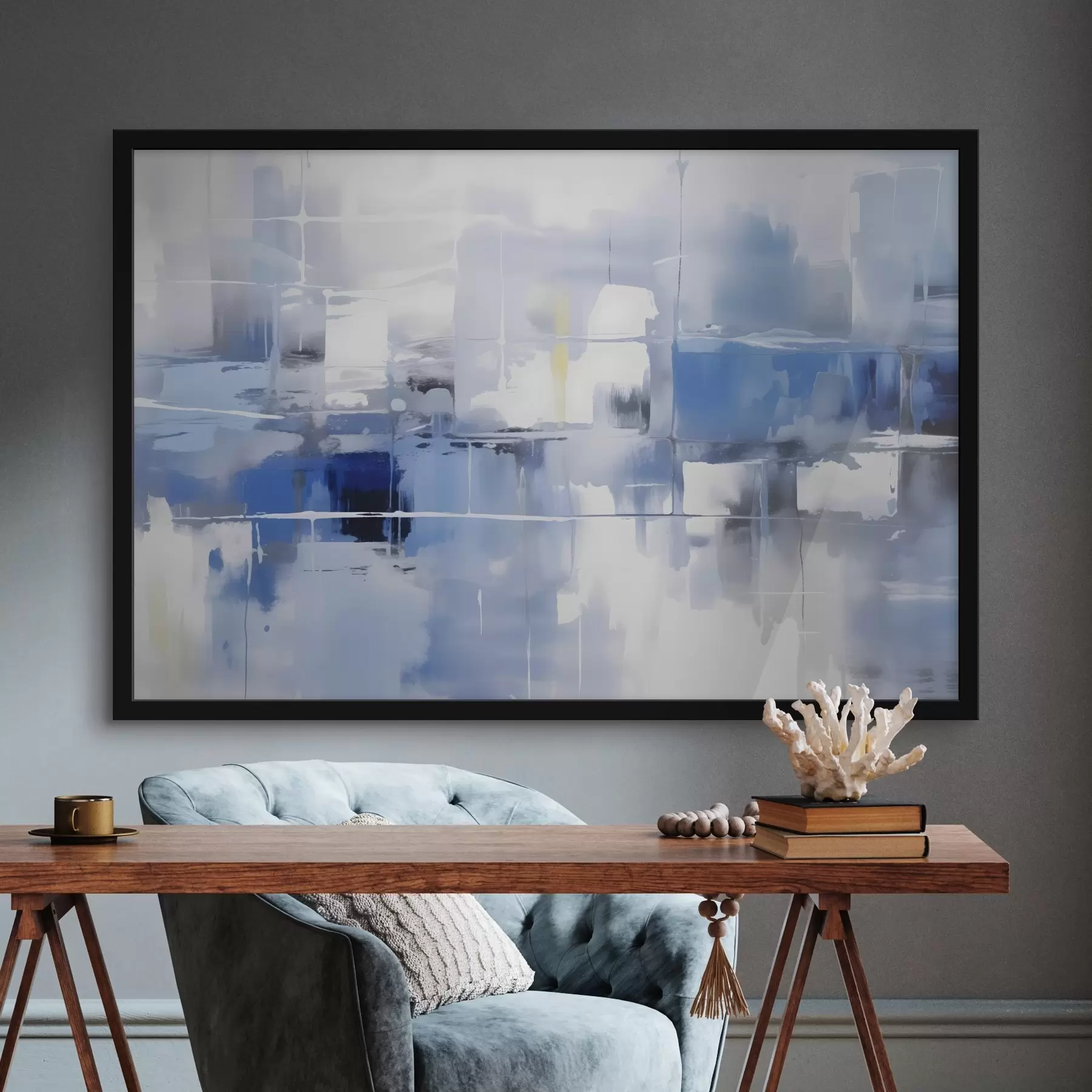 Fototapeedid Moodne abstraktsioon sinise, valge ja halli toonides, häguste joonte ja kujunditega f41269