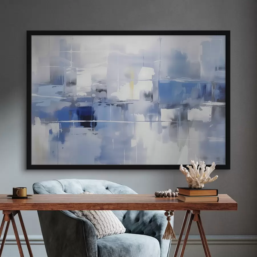 Fototapeedid Moodne abstraktsioon sinise, valge ja halli toonides, häguste joonte ja kujunditega f41269