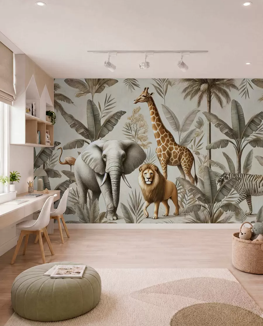 Fototapeedid Safari laste taustapilt troopilise maastiku ja erinevate loomade elegantsete värvidega w01956