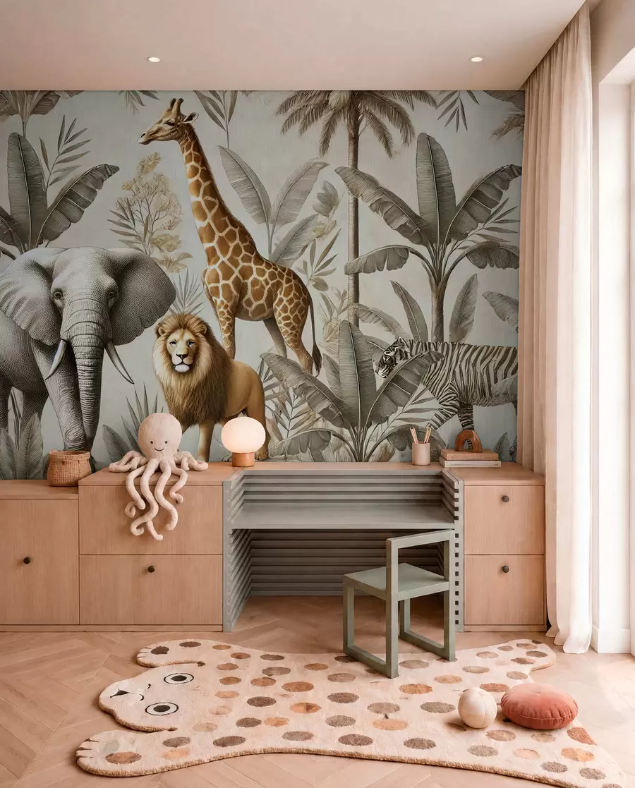 Fototapeedid Safari laste taustapilt troopilise maastiku ja erinevate loomade elegantsete värvidega w01956