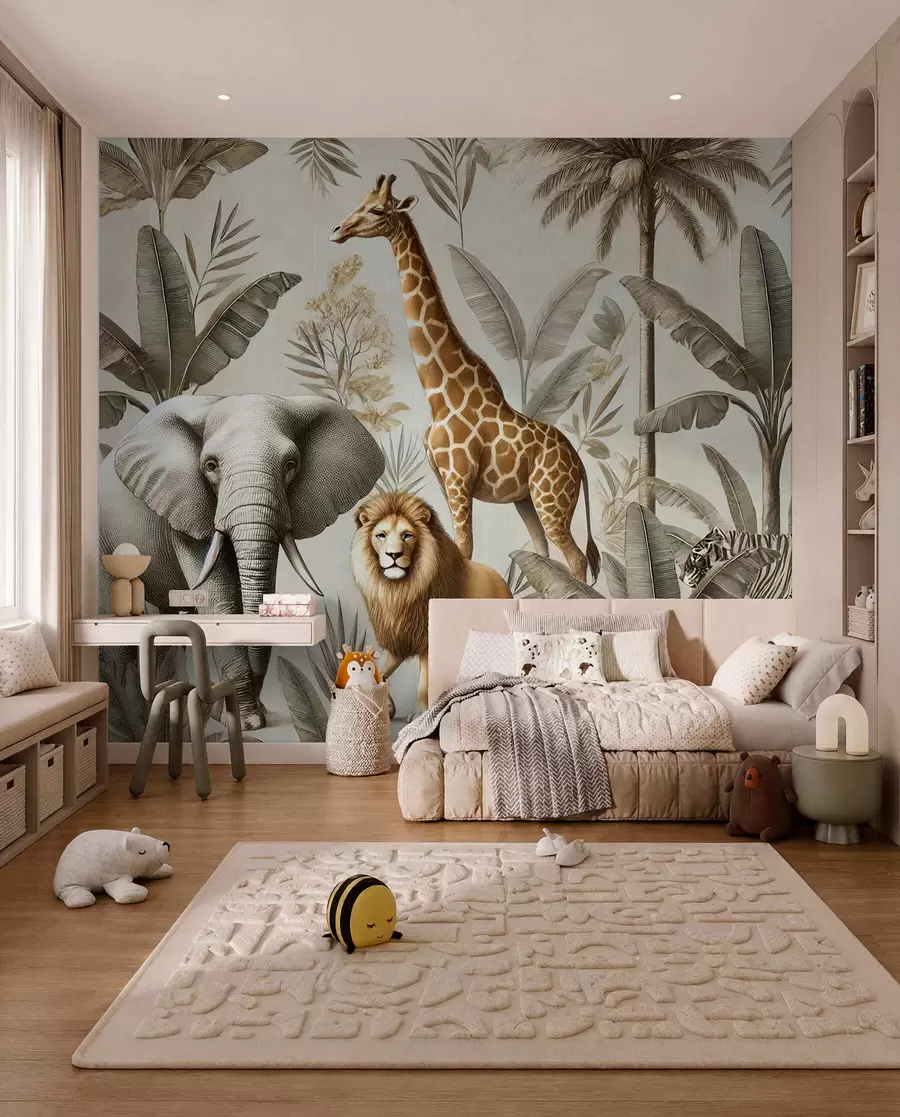 Fototapeedid Safari laste taustapilt troopilise maastiku ja erinevate loomade elegantsete värvidega w01956
