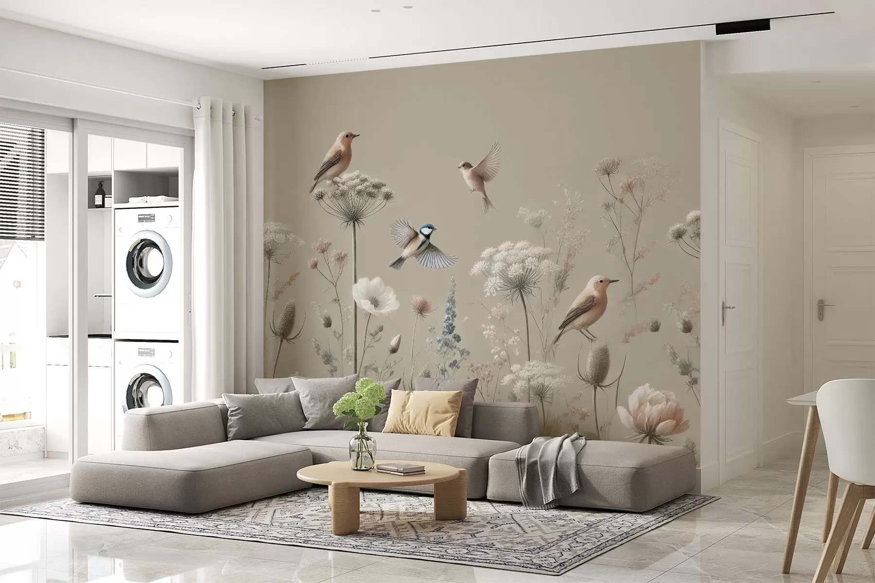 Fototapeedid Õrnad metsalilled koos lindudega beežil taustal w01958