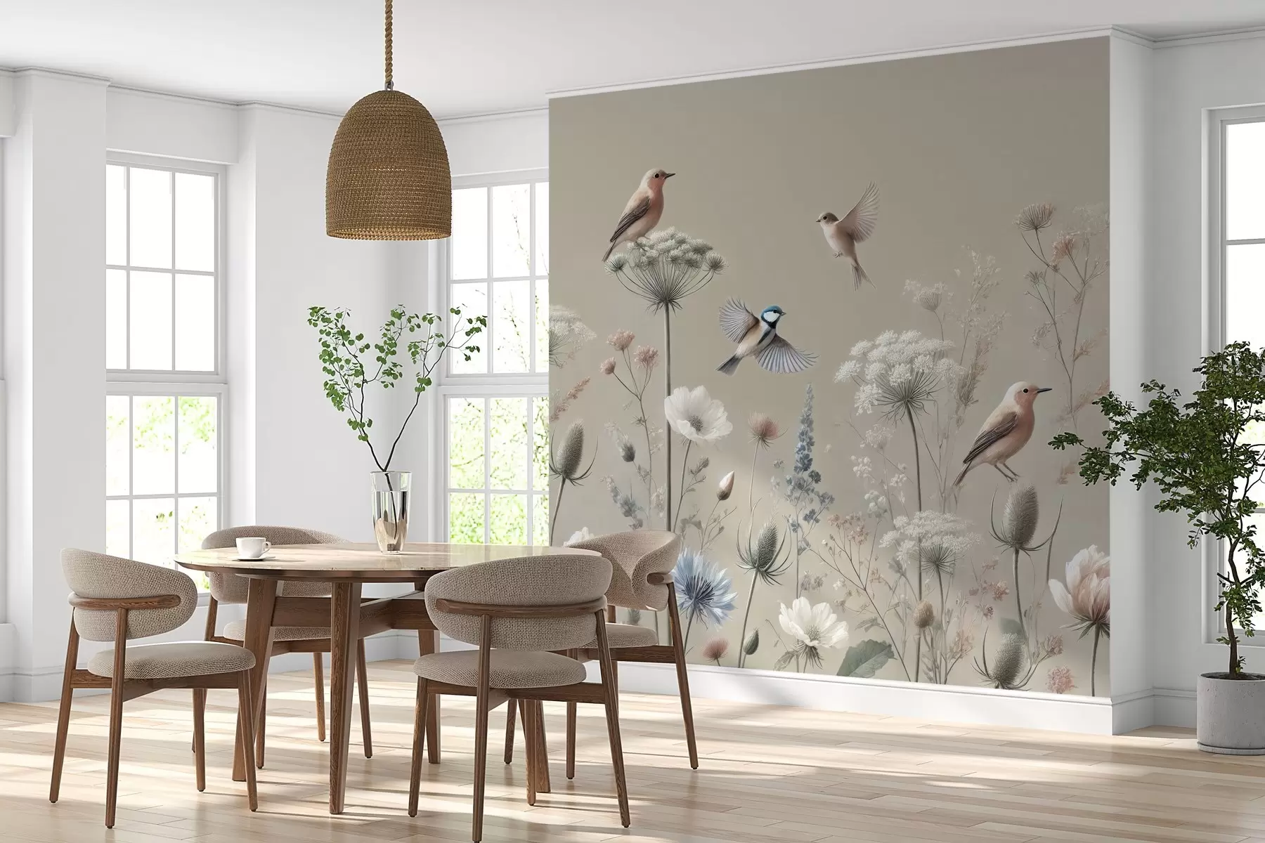 Fototapeedid Õrnad metsalilled koos lindudega beežil taustal w01958