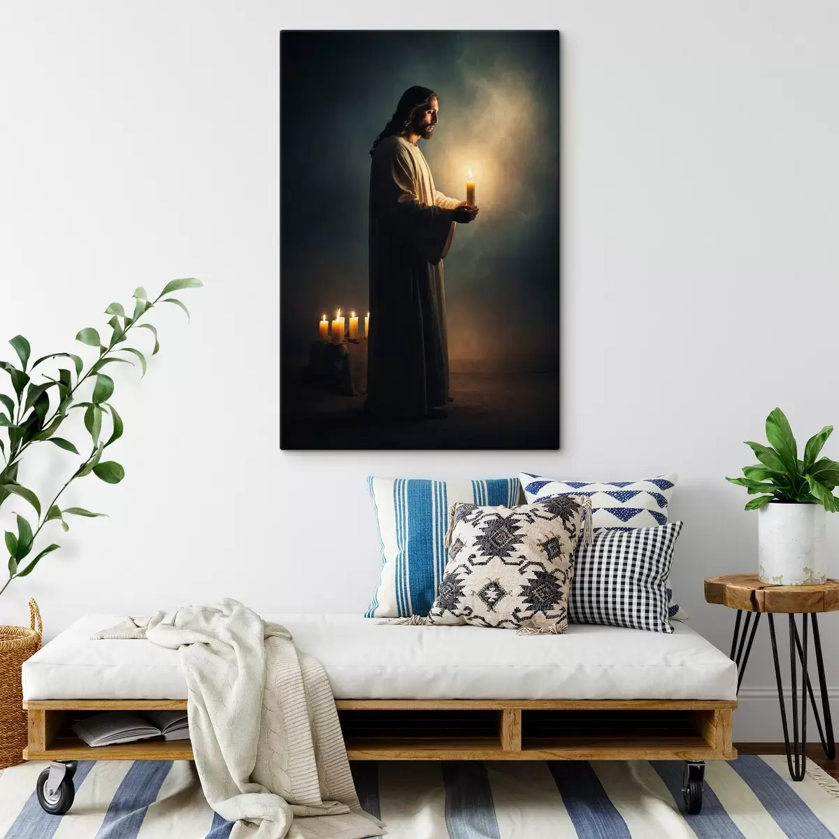 Pilt Jeesus Kristus küünlaga pimeduses s41315