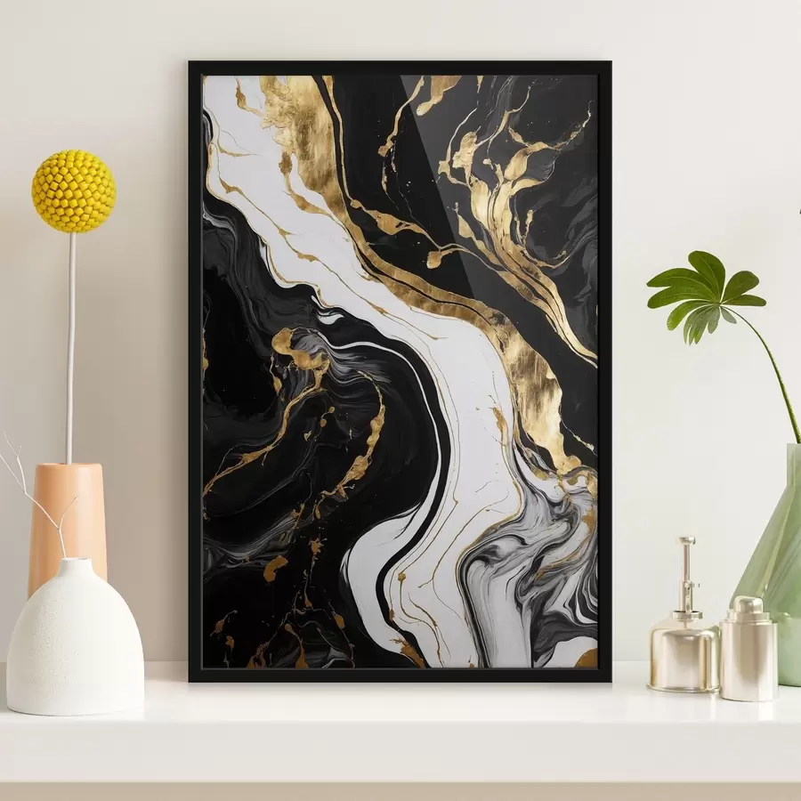 Pilt Must-valge abstraktne värvimine kollaste laikudega f41292