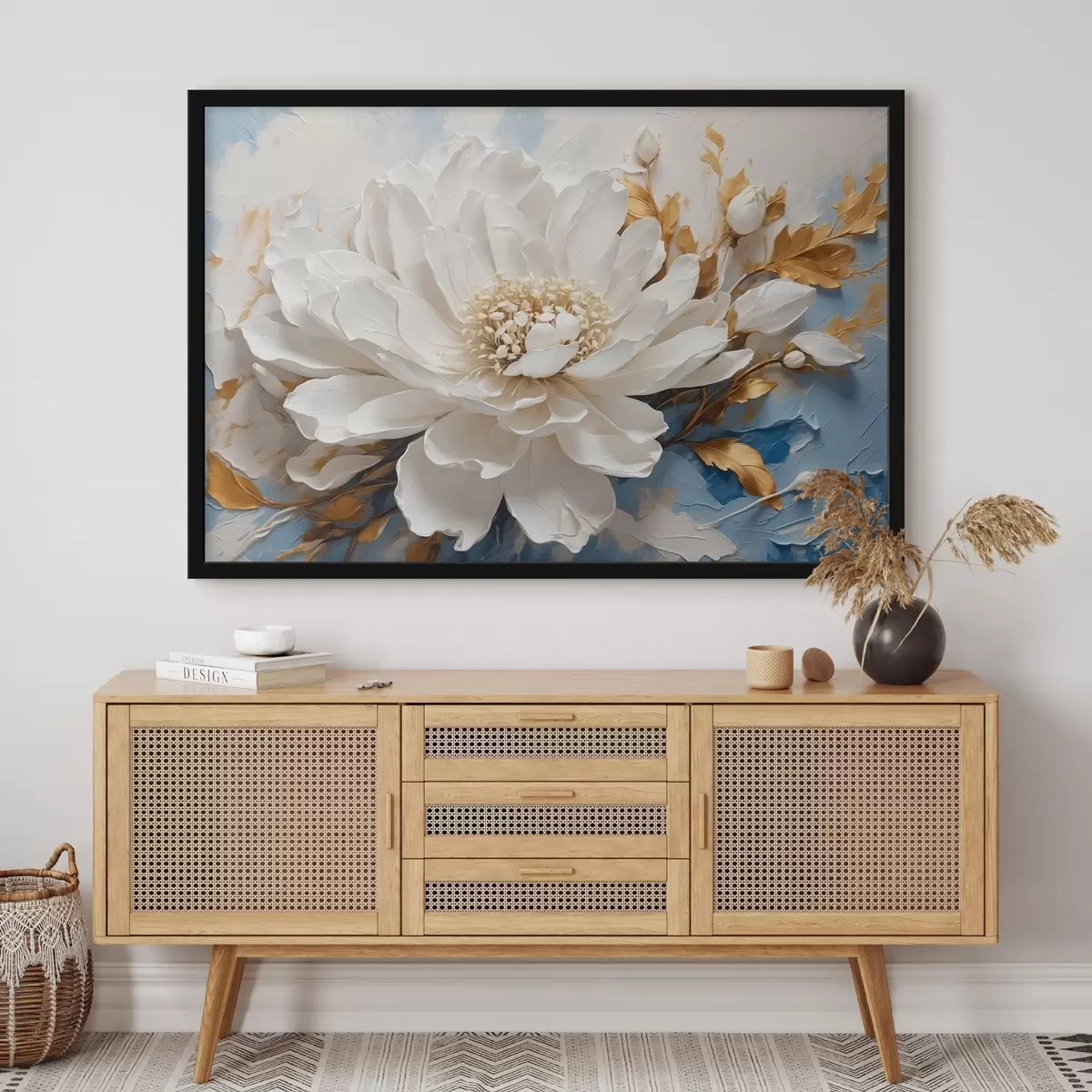 Plakat Valge lill sini-valgel taustal f41311