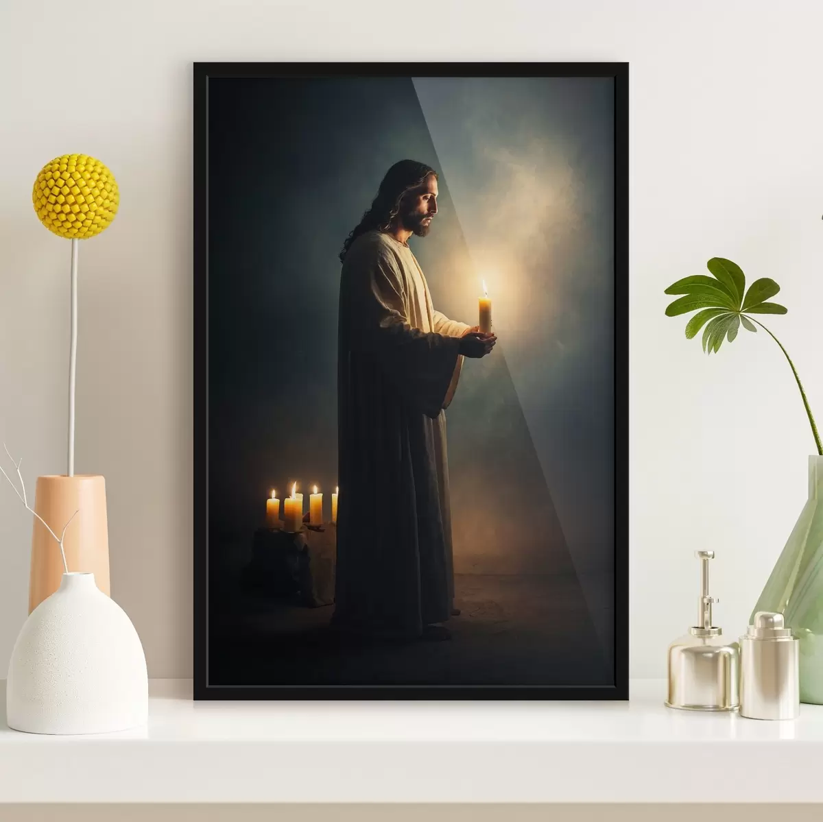Plakat Jeesus Kristus küünlaga pimeduses f41315
