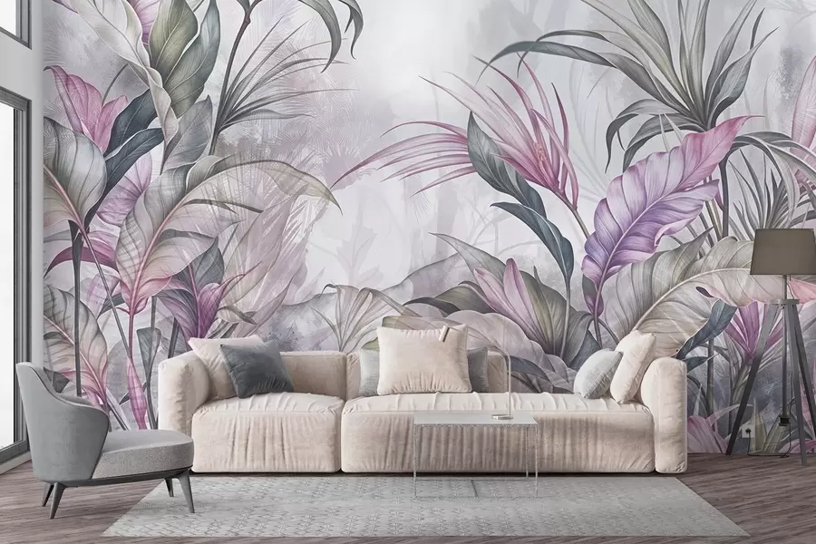 Fototapeedid Troopiline džungel suurte roheliste lehtede ja roosade protea lilledega, mille taust on hägune ja tekstuurne w08375v1