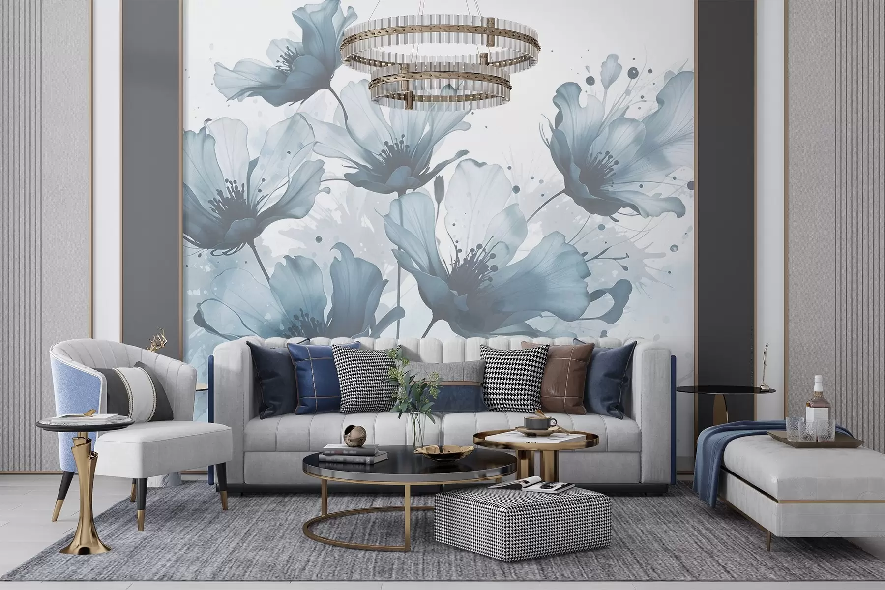 Fototapeedid Õrnad sinised lilled, mille õrnad, hägused kroonlehed ja akvarellilaigud on heledal taustal w08376