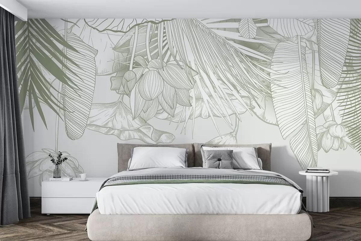 Fototapeedid Suurte, kattuvate kroonlehtede ja lehtedega ühevärvilise rohelise lilleprindi lähivaade w08389v1