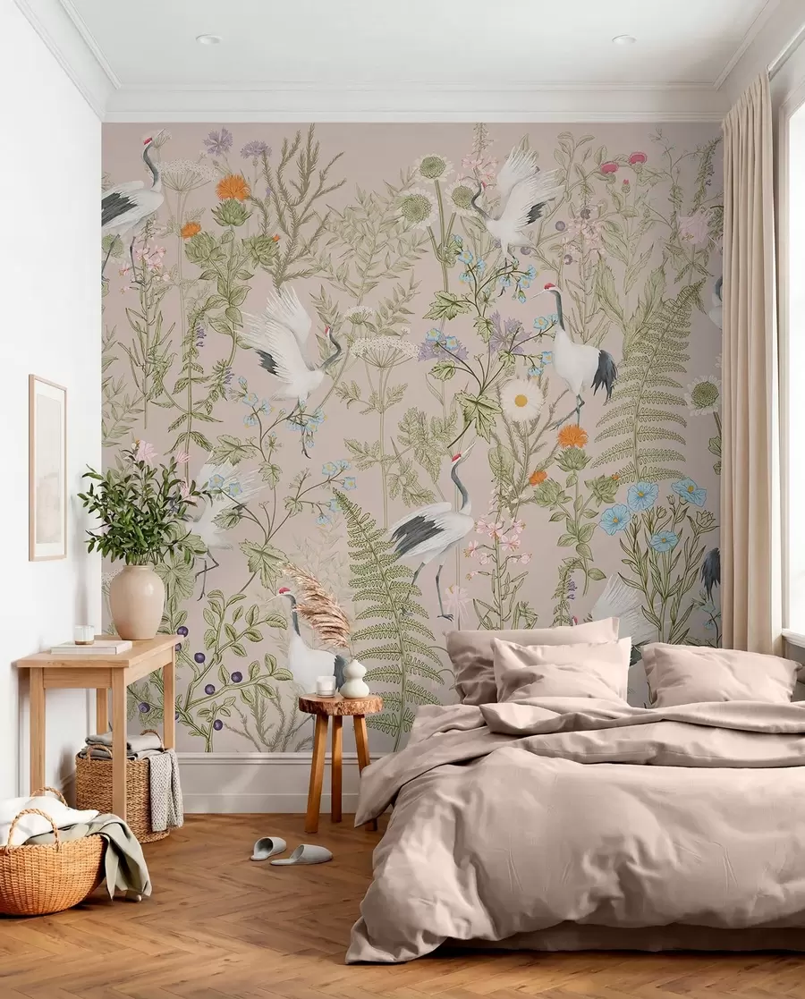 Fototapeedid Elegantsed kraanad elujõuliste õite vahel w00380