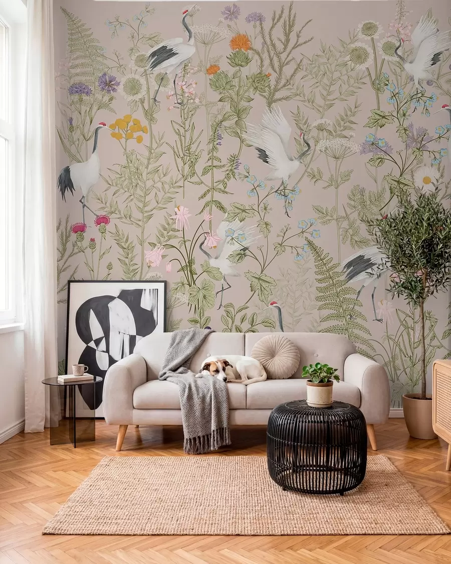 Fototapeedid Elegantsed kraanad elujõuliste õite vahel w00380