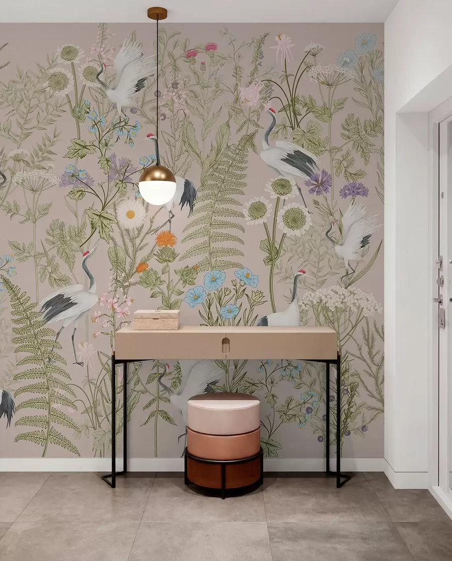Fototapeedid Elegantsed kraanad elujõuliste õite vahel w00380