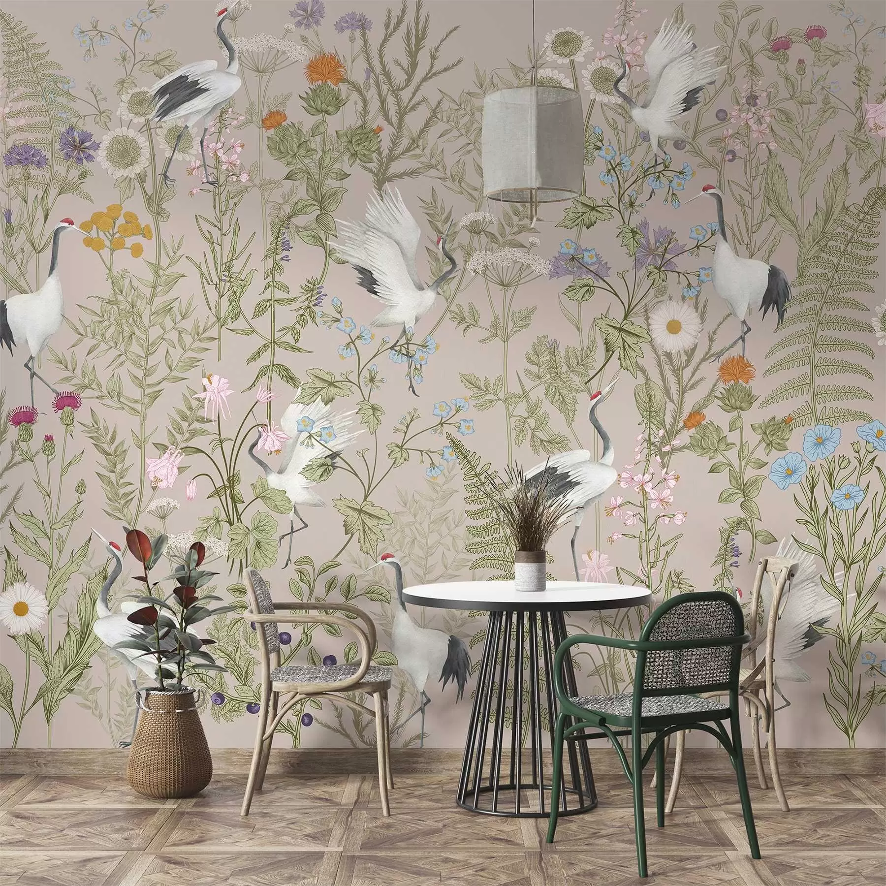 Fototapeedid Elegantsed kraanad elujõuliste õite vahel w00380