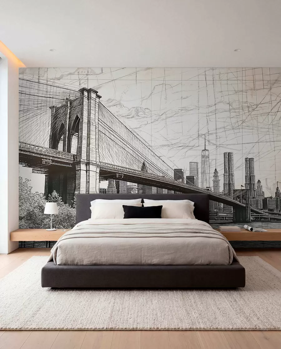 Fototapeedid Brooklyn Bridge'i silla panoraam, mis on tehtud visandlikus retrotehnikas joonte ja kriimustustega w01961