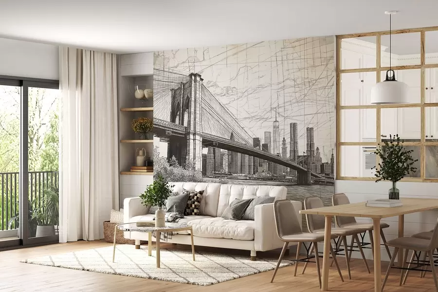Fototapeedid Brooklyn Bridge'i silla panoraam, mis on tehtud visandlikus retrotehnikas joonte ja kriimustustega w01961