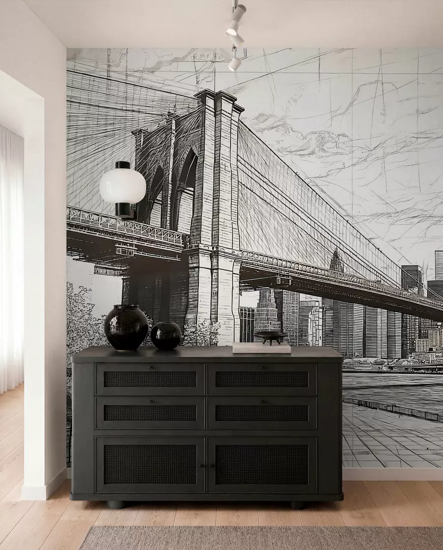 Fototapeedid Brooklyn Bridge'i silla panoraam, mis on tehtud visandlikus retrotehnikas joonte ja kriimustustega w01961
