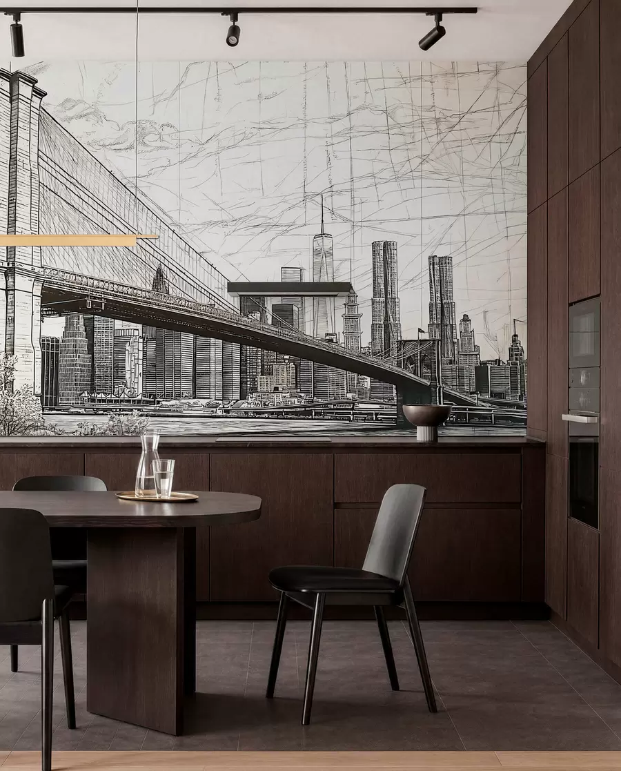 Fototapeedid Brooklyn Bridge'i silla panoraam, mis on tehtud visandlikus retrotehnikas joonte ja kriimustustega w01961