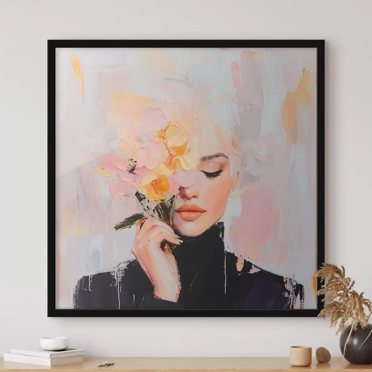 Plakat Abstraktne naine lillekimbuga kätes, pintslitõmbedega f41355