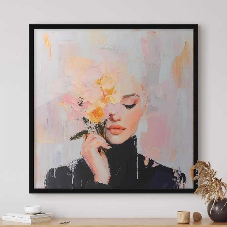 Pilt Abstraktne naine lillekimbuga kätes, pintslitõmbedega f41355