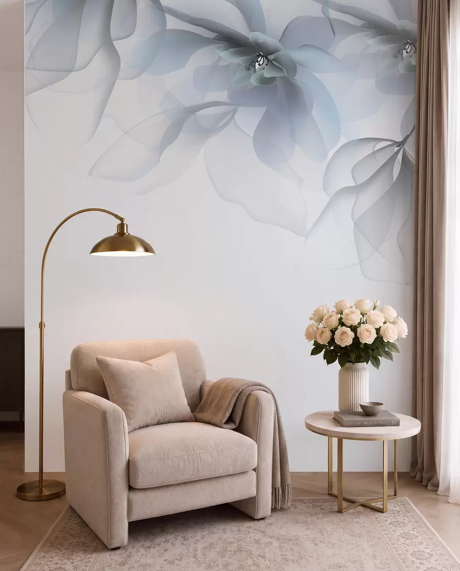 Fototapeedid sinised läbipaistvad suured lilled peal w02093v2