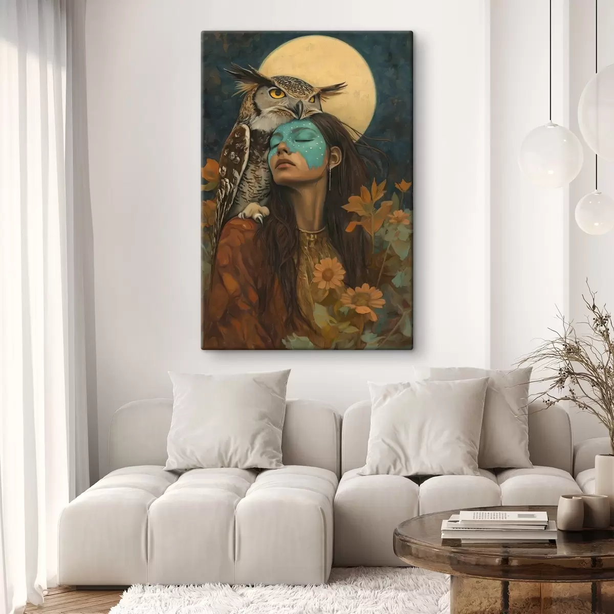 Pilt Naine koos öökulliga, hõimustiil, täiskuu, lilled s41444