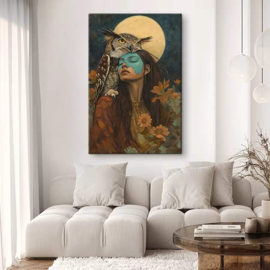 Pilt Naine koos öökulliga, hõimustiil, täiskuu, lilled s41444