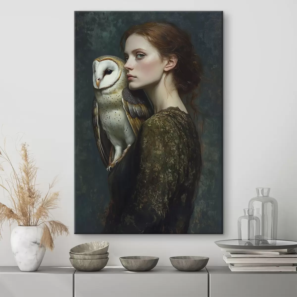 Pilt Naise portree öökullaga õlal, pintslitõmbed, akrüül s41447