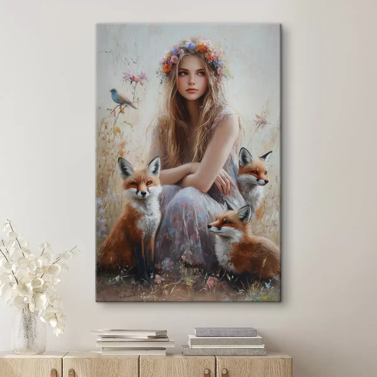 Pilt Tüdruk heinamaal, metsloomad, rebased, linnud, lillepärg  s41451