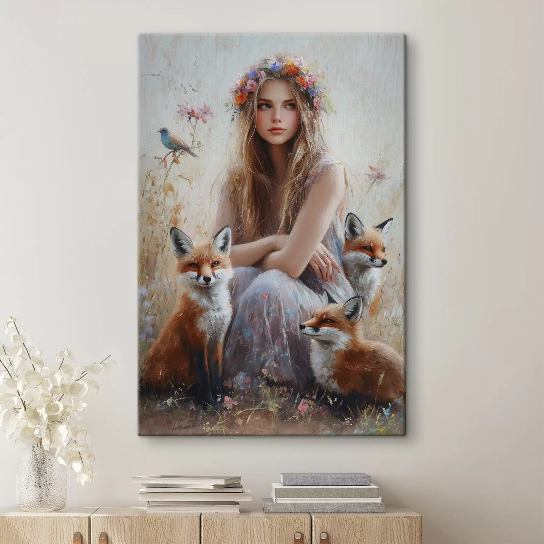 Pilt Tüdruk heinamaal, metsloomad, rebased, linnud, lillepärg  s41451