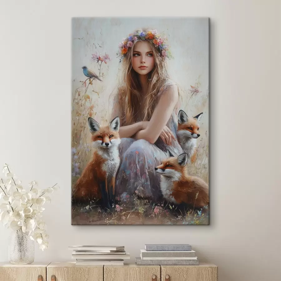 Pilt Tüdruk heinamaal, metsloomad, rebased, linnud, lillepärg  s41451