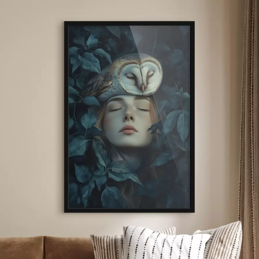 Pilt Naine koos öökulliga rohelistes lehtedes, rahulik, loodus f41445