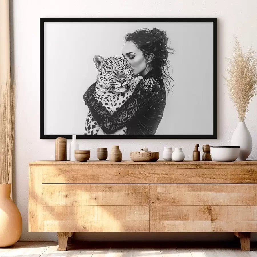 Fototapeedid Naine suudleb leopardi, pliiatsiga joonistus, metsloomad, must-valge f41457