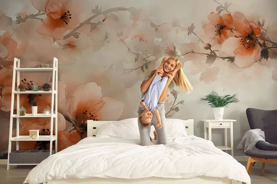 Fototapeedid Akvarellkompositsioon lilledest soojades virsiku ja oranži toonides w02068