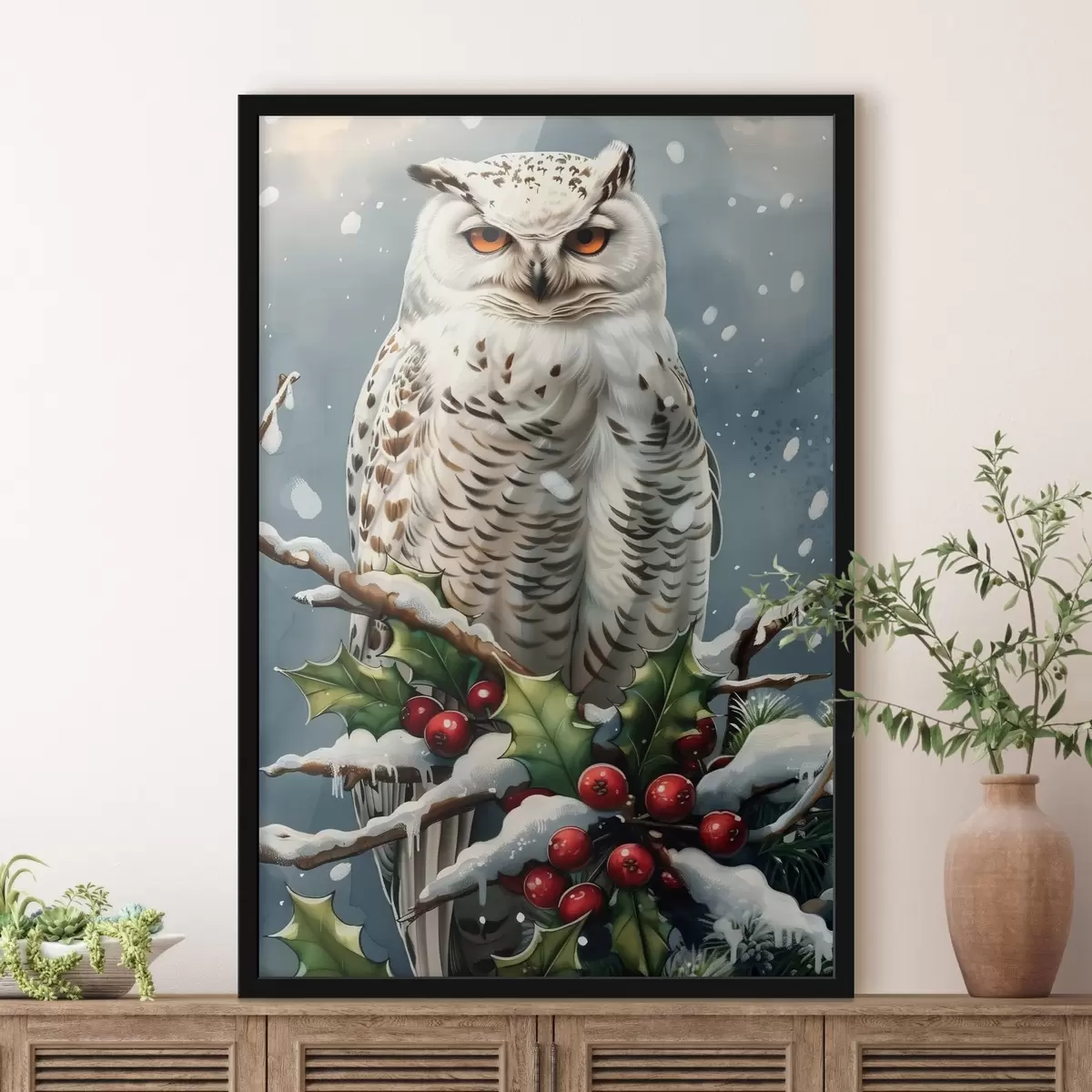 Plakat Öökull talvisel oksal koos marjade ja lehtedega f41482